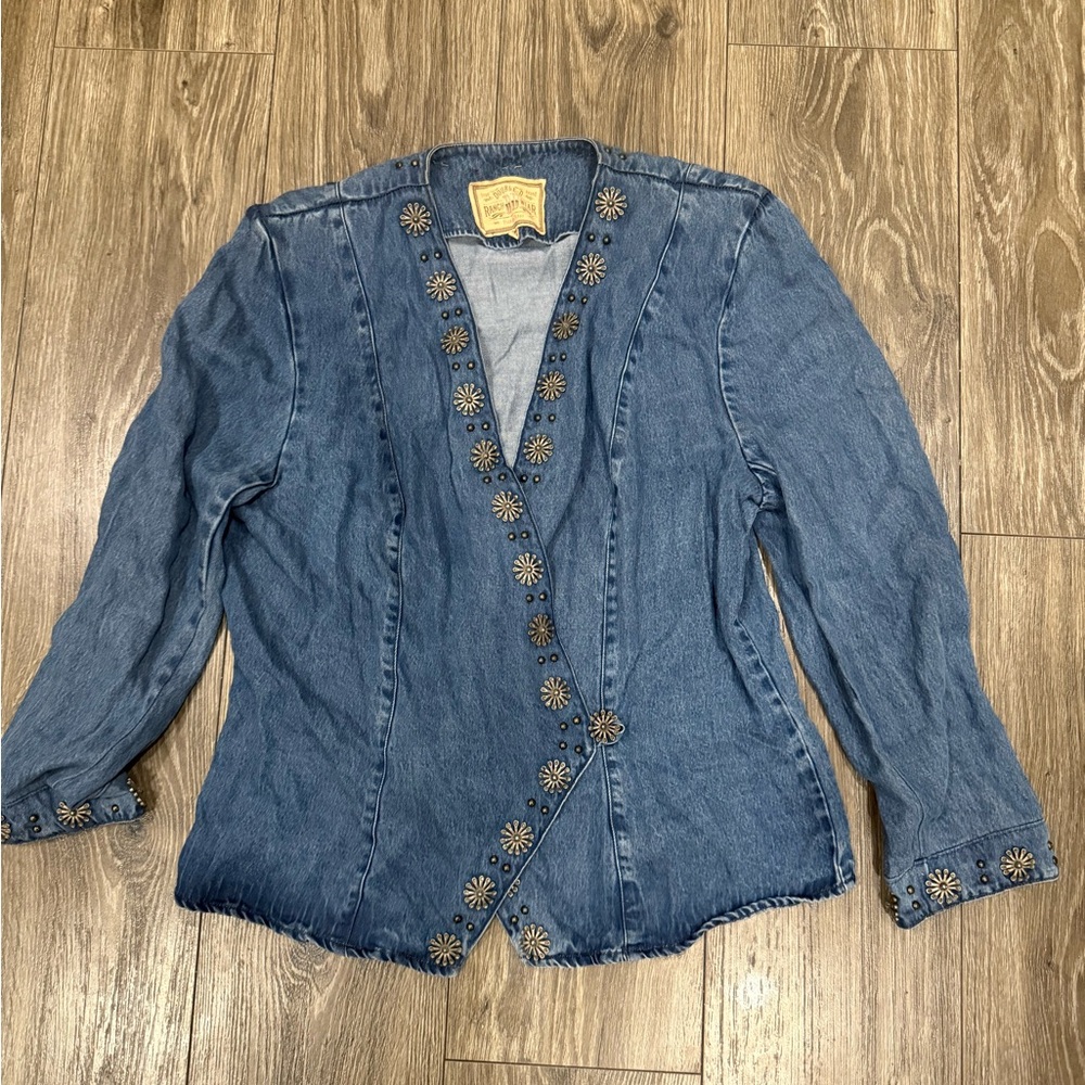 Denim blouse with Floral Embellishments
